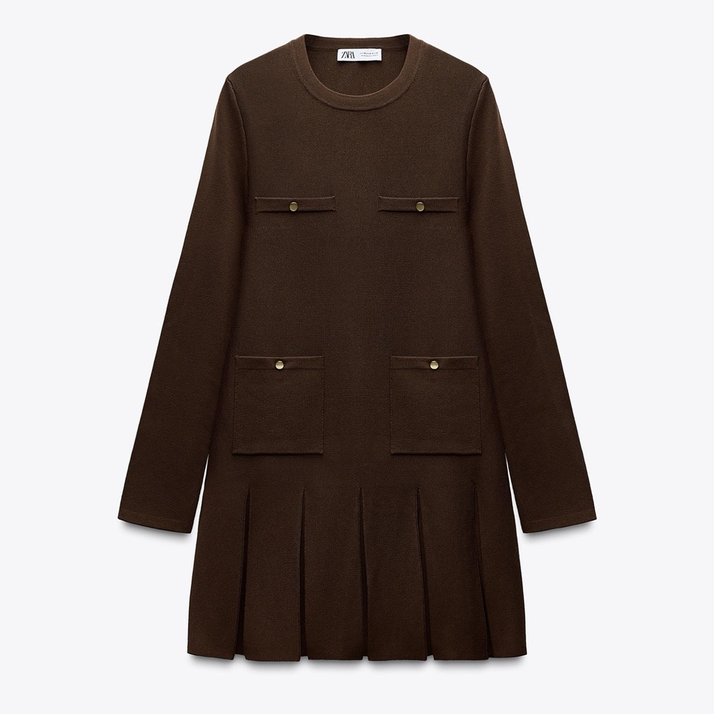 ZARA Brown Pleated Short Knit Dress - Picture 3 of 7